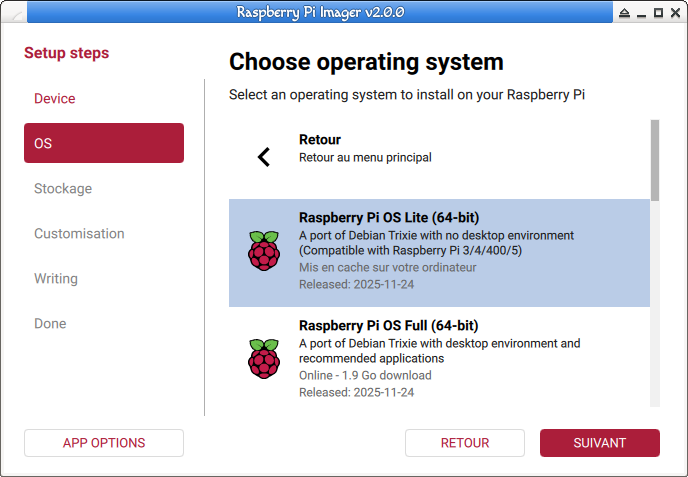 Raspberry Pi Imager, Selectionnez raspberry OS Lite, (64 ou 34 bits en fonction de votre Raspberry Pi.