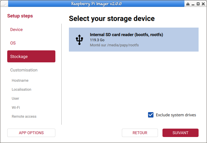 Raspberry Pi Imager, Raspberry Pi Imager, Sélectionnez votre carte micro SD.