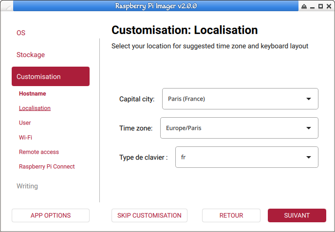 Raspberry Pi Imager. Sélectionner votre pays, la zone, vote clavier.