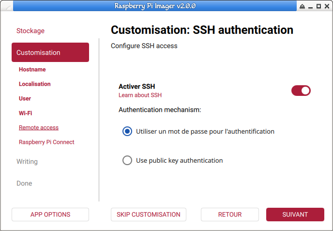 Raspberry Pi Imager. Activez la connexion SSH.