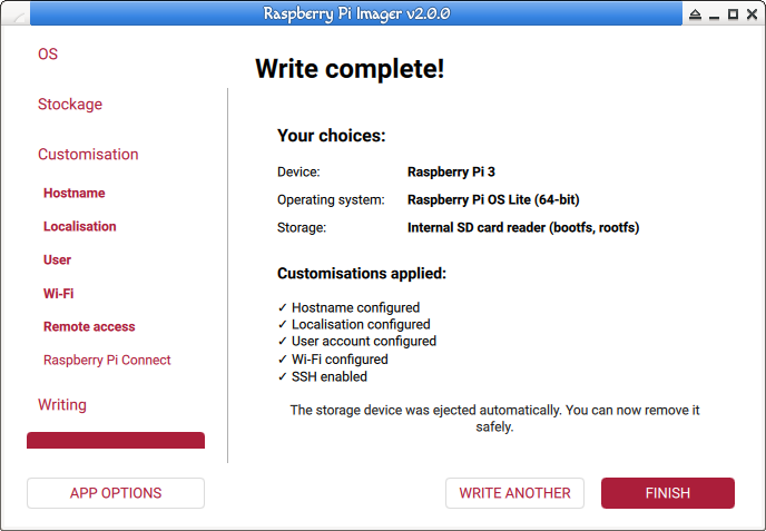 Raspberry Pi Imager. Cliquez sur " FINISH " et retirez votre carte micro SD.